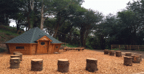 Arctic cabin with rustic log seating